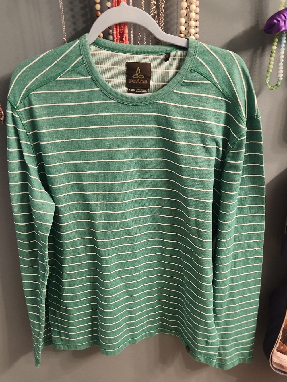 Prana Green and White Striped Long-Sleeve Tee